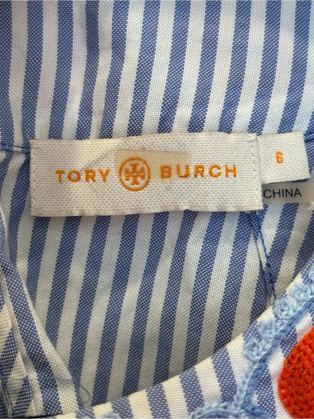 Tory Burch Meg Striped Embroidered Halter Top 6 Blue White Boho Coastal Chic